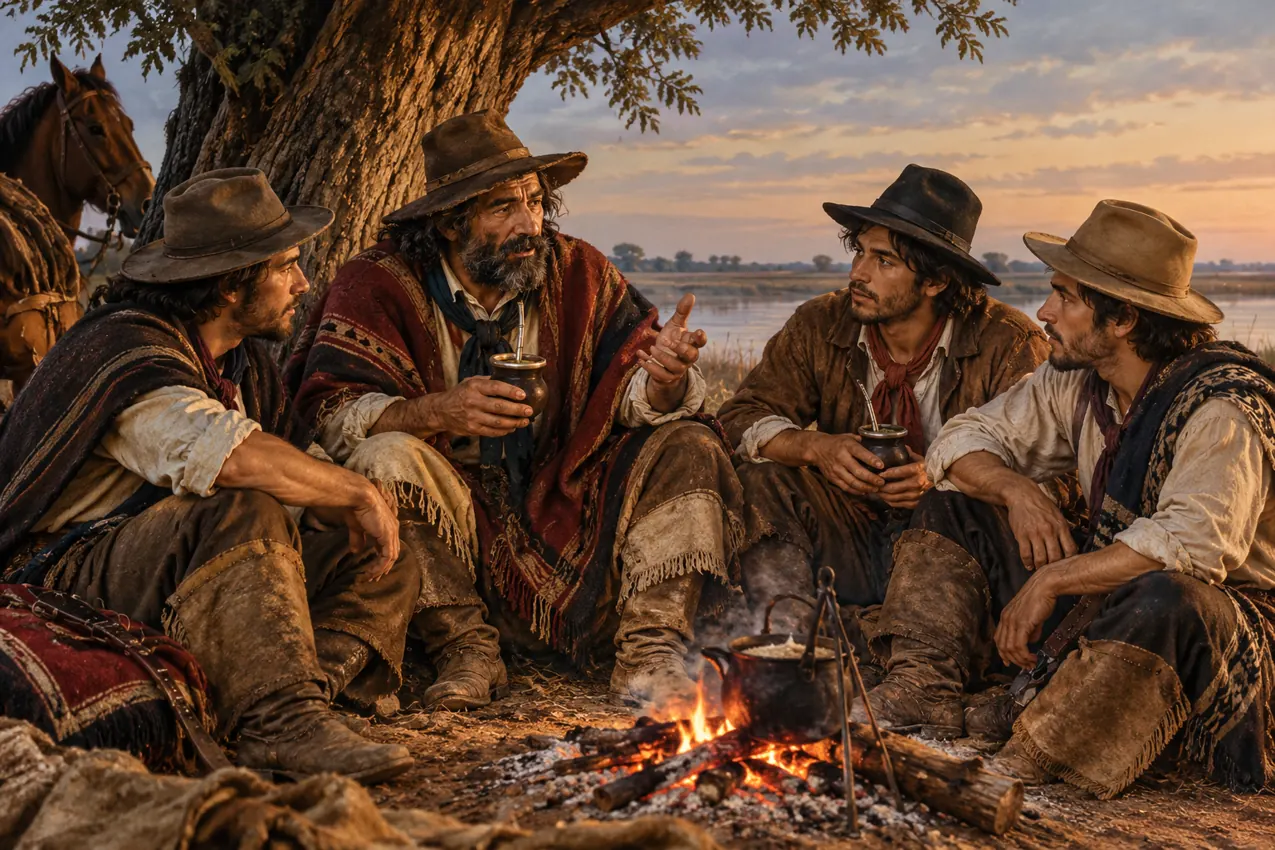 Recreación digital de Martín Fierro, sus dos hijos jóvenes y el hijo de Cruz, con barba incipiente, escuchando sus consejos junto a un fogón y un mate