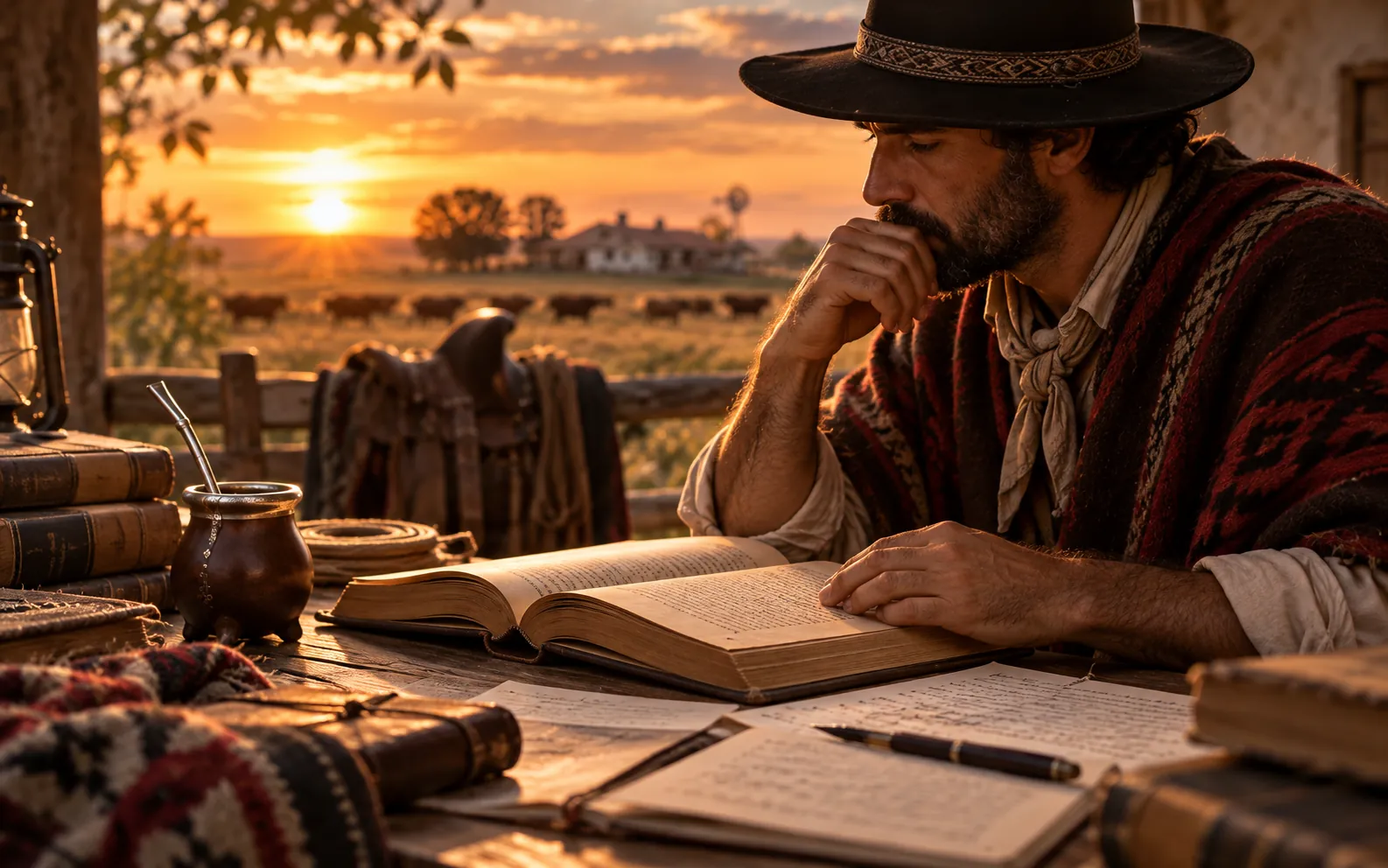 Escena de lectura e investigación literaria recreada digitalmente