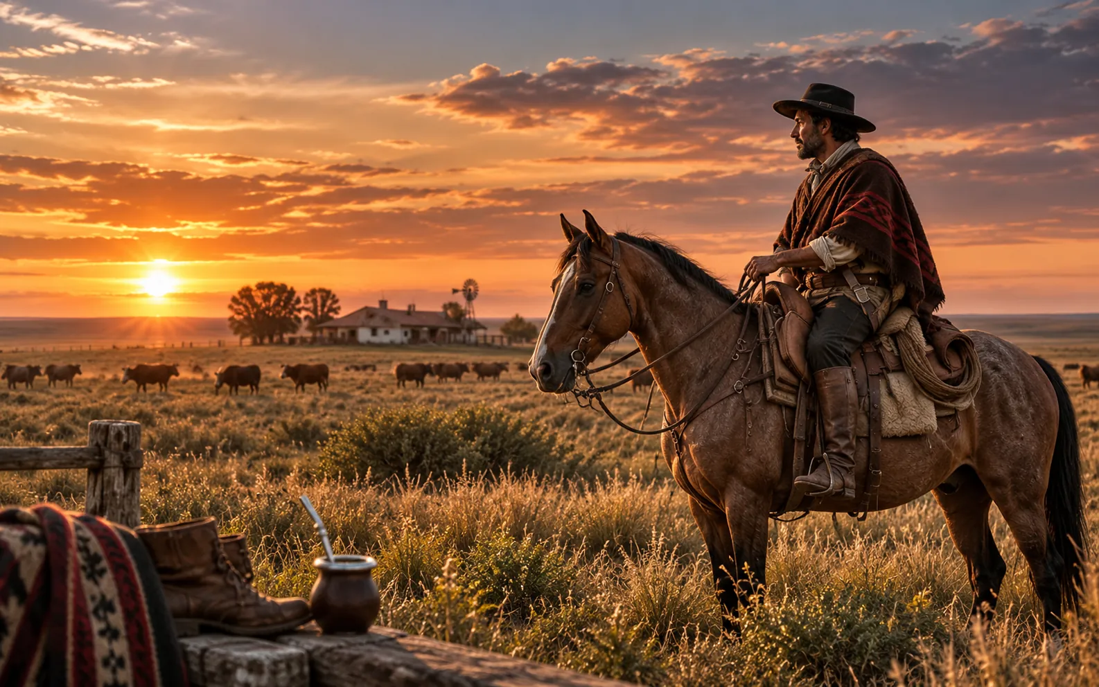 Recreación digital fotorrealista de un gaucho a caballo en la pampa al atardecer